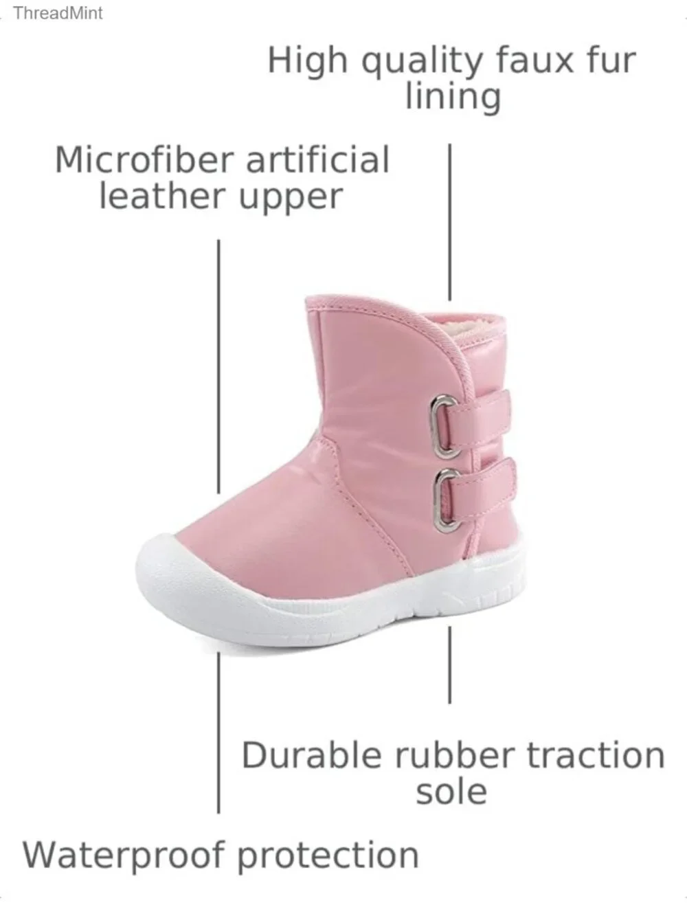 Toddler Girls Waterproof Snow Boots Faux Fur Lining Hook Loop Anti-Slip